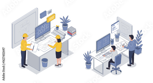 Isometric modern office with engineers and architects working on design projects