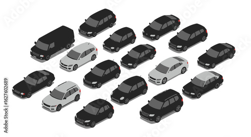 Isometric fleet of cars and vans in black and white shades