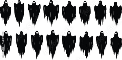 Spooky ghost silhouettes, Halloween decoration, eerie ghost figures, haunted house decor, black and white ghost pattern, ghostly apparitions, scary spirits