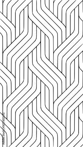 Overlapping parallel lines create a seamless geometric pattern with rounded corners and black and white design