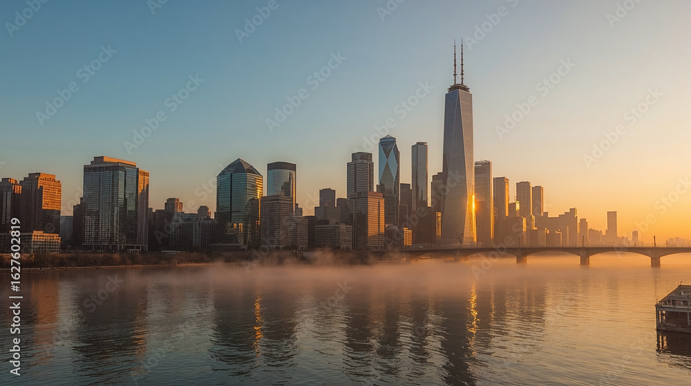 Panoramic view of a misty cityscape at sunrise, with towering skyscrapers reflected in the calm water of a river. Panoramic view of a misty cityscape at sunrise, with towering skyscrapers reflected in the calm water of a river.