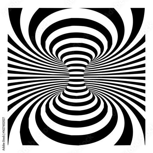 Optical illusion of a striped tunnel with black and white lines creating a vortex like appearance