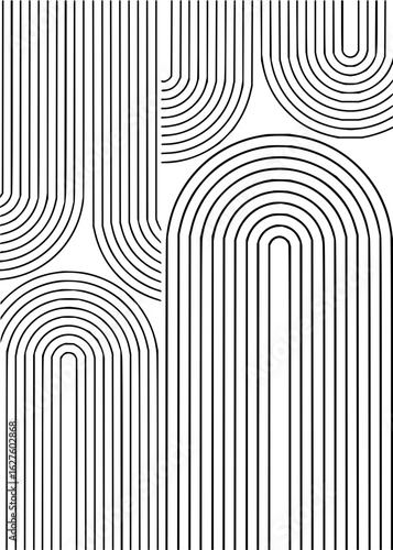 Abstract minimalist design featuring black parallel lines forming arches and vertical segments