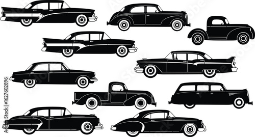 Vintage car silhouettes, classic automobile icons, black and white retro vehicles, antique car illustration, old-fashioned car design, grid layout