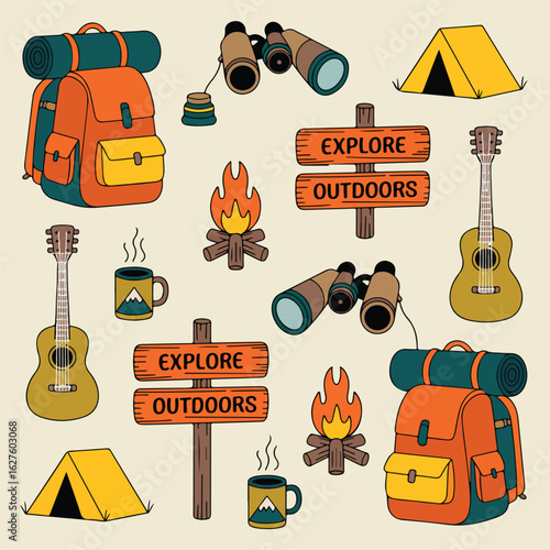 Collection of camping and outdoor adventure gear with guitars and campfires