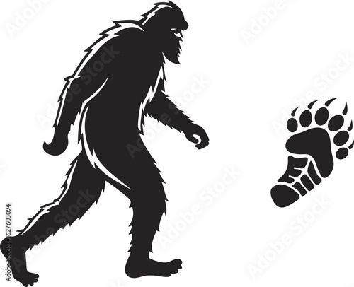 Bigfoot Sasquatch Silhouette with Footprint – Mythical Creature Vector Illustration for Camping, Cryptid Lore, and Wilderness Designs