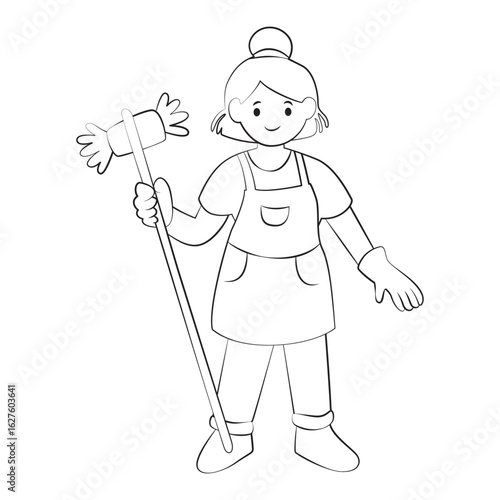 Smiling Female Janitor with Mop. Cleaning Service Worker Outline Illustration