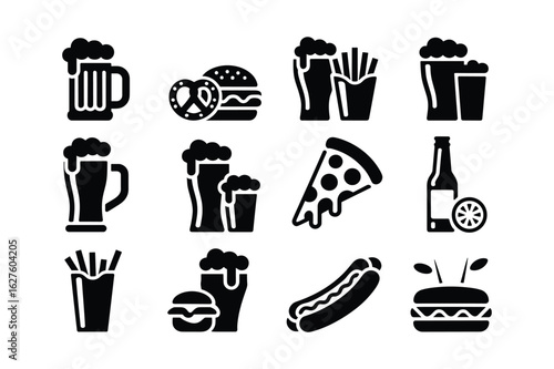 Beer burgers pizza fries hot dogs and pretzels french fries