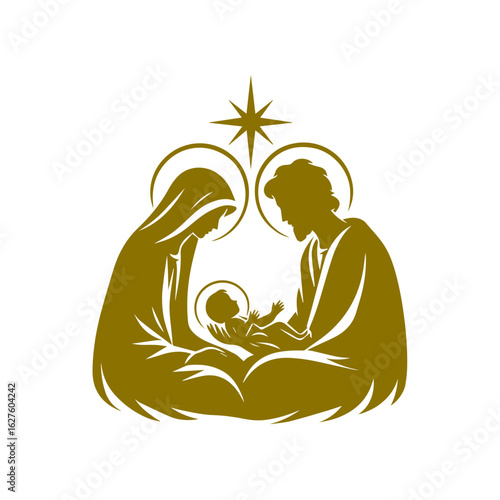 Religious SVG Nativity Scene with Holy Family Baby Jesus with Mother Mary and Joseph. Logo, Icon, Symbol, Black And White Vector Illustration