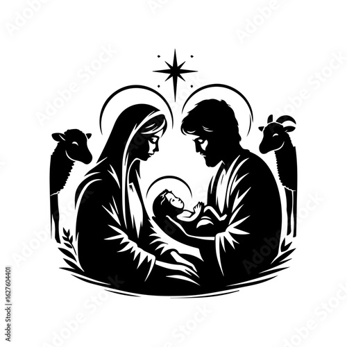 Holy Family Nativity Scene Silhouette with Baby Jesus, Mary, and Joseph in Stable – Christmas Religious SVG Art Vector Design