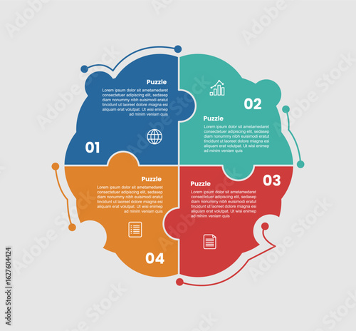 puzzle jigsaw shape base infographic diagram with circular cycle on circle with piechart quadrant with 4 step for slide presentation