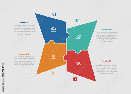 puzzle jigsaw shape base infographic diagram with sharp star with quadrant structure and unbalance shape with 4 step for slide presentation