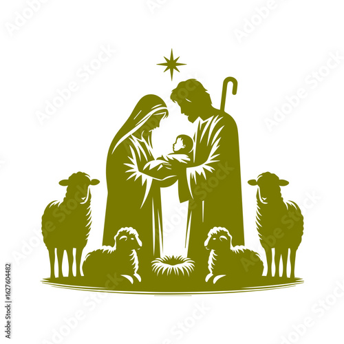 Holy Family Nativity Scene Silhouette with Baby Jesus, Mary, and Joseph in Stable – Christmas Religious SVG Art Vector Design
