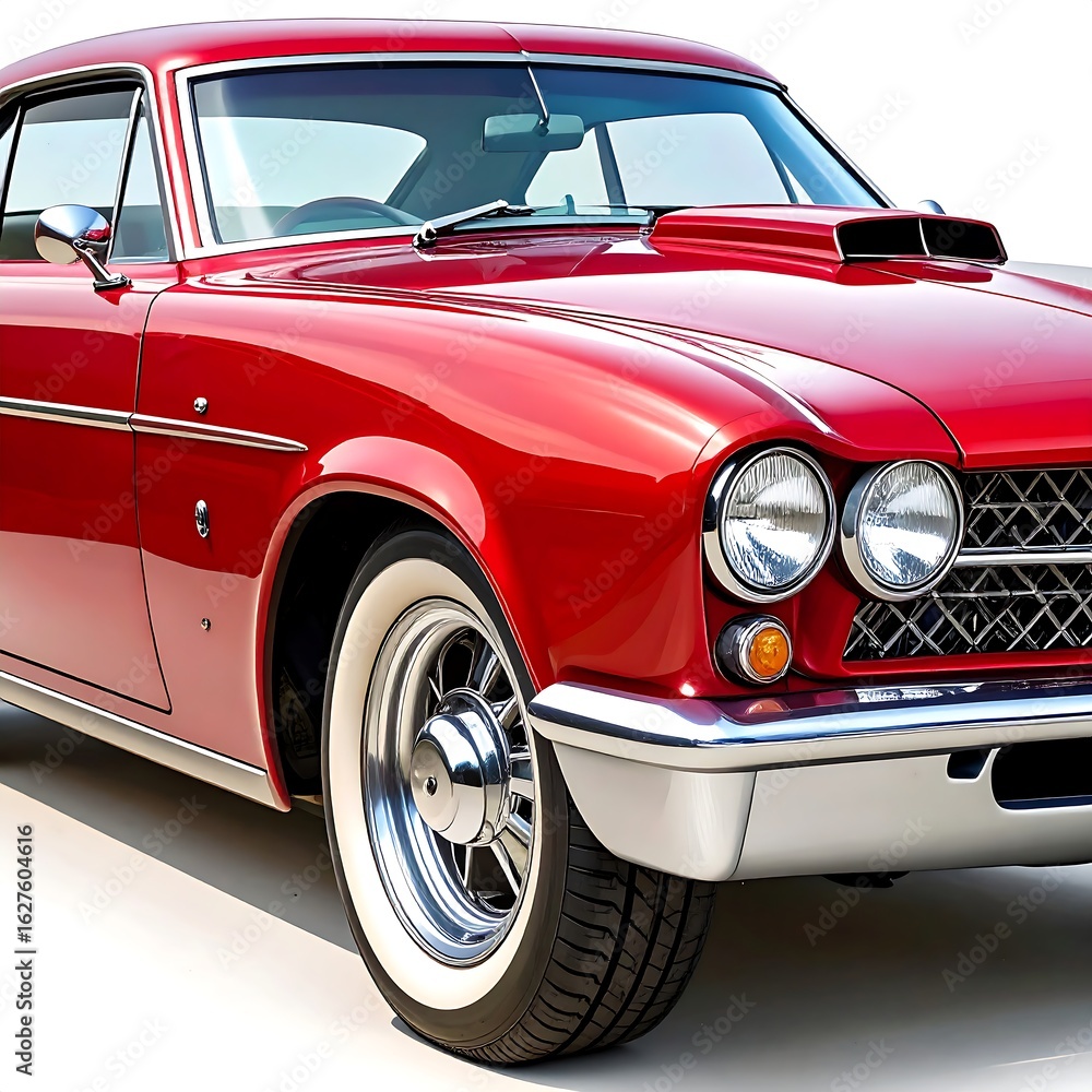 Fototapeta premium Sleek red classic car, angled view, whitewall tires