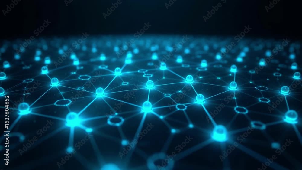 Dynamic network animation with glowing nodes and interconnected lines illustrating a modern tech system with moving data flow and digital connectivity. AI generative video