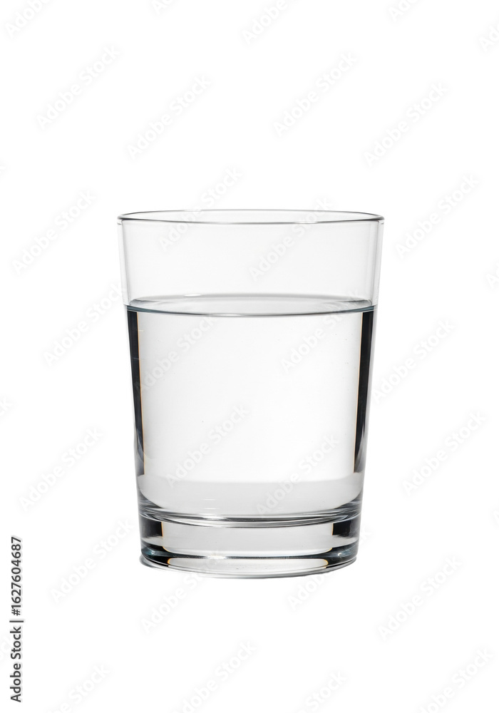 A transparent, polished glass tumbler filled with crystal-clear drinking water, displaying sharp contours and pristine surface, centered on an immaculate transparent seamless background with soft A transparent, polished glass tumbler filled with crystal-clear drinking water, displaying sharp contours and pristine surface, centered on an immaculate transparent seamless background with soft