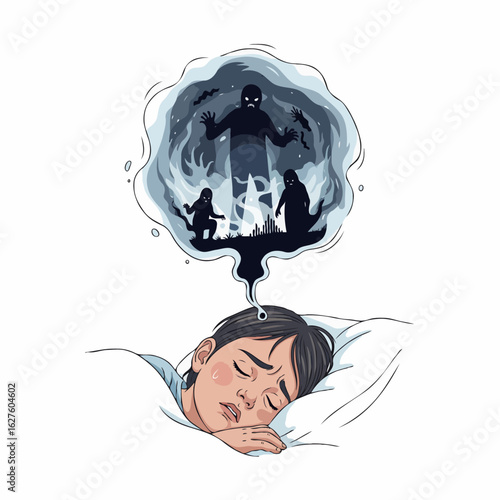 Vector Illustration of Scared Child Sleeping with Nightmare