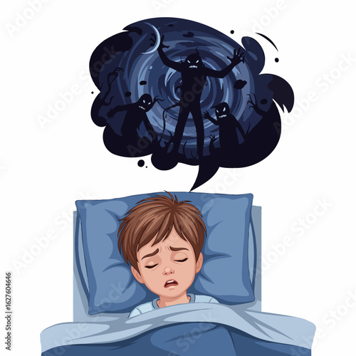 Vector Illustration of Scared Child Sleeping with Nightmare