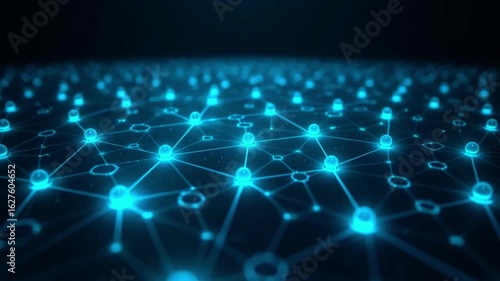 Dynamic network animation with glowing nodes and interconnected lines illustrating a modern tech system with moving data flow and digital connectivity. AI generative video