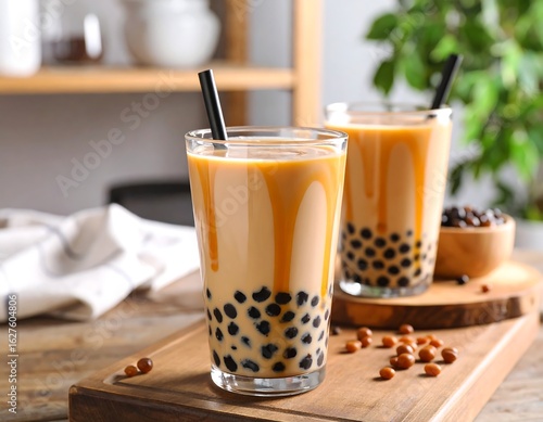 Two glasses of caramel bubble tea on a wooden cutting board