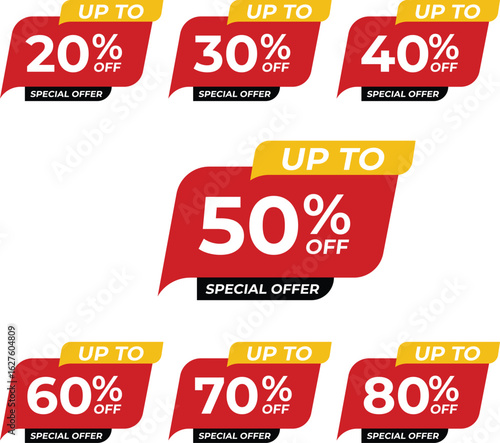 Sale and discount labels, abstract offer Sale Discount labels set design, Discount tags collection with percent set, 20, 30, 40, 50%, 60%, 70% 80% percent sale promotion tag, Vector.