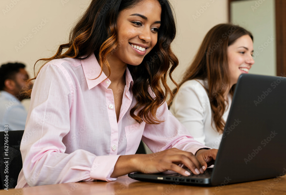 Happy young woman typing on a laptop in a bright office with diverse colleagues. Happy young woman typing on a laptop in a bright office with diverse colleagues.