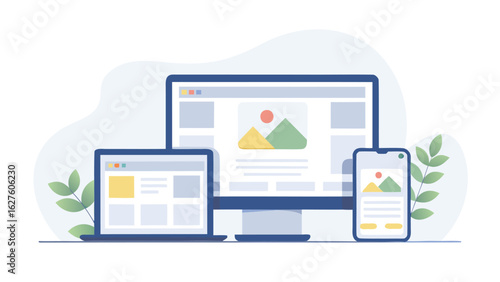 Illustration of responsive web design with a desktop computer laptop and a mobile phone display mockup