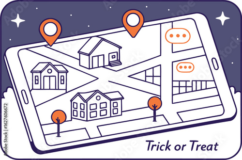 Smartphone displaying a map of houses with location pins and chat bubbles under a starry night sky scene