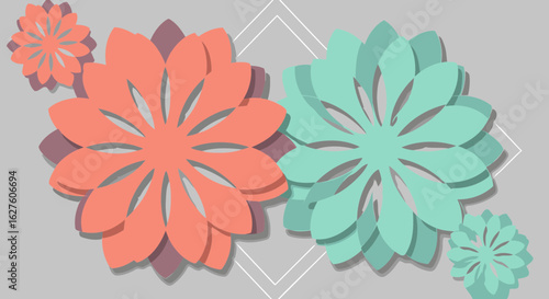 Abstract floral design with coral and teal paper flower shapes layered on a light gray background. Geometric patterns and shadows enhance the 3D effect.