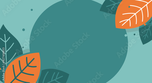 Abstract design with teal and orange leaves in a flat lay style. Decorative foliage with a pale teal background. Nature-themed graphic design element -