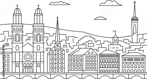 Zurich Skyline Line Art Vector Illustration with Churches, Buildings, and Bridge Design