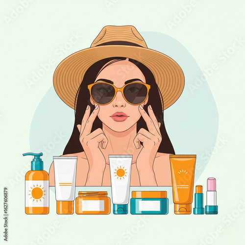 Woman wearing sunglasses and straw hat showing how to apply sunscreen, spf lotion, cream, lip balsam. Sun protection products collection. Vector illustration.