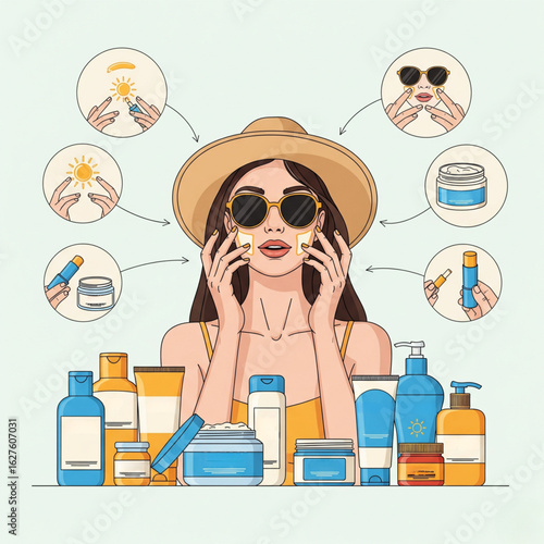 Woman wearing sunglasses and straw hat showing how to apply sunscreen, spf lotion, cream, lip balsam. Sun protection products collection. Vector illustration.