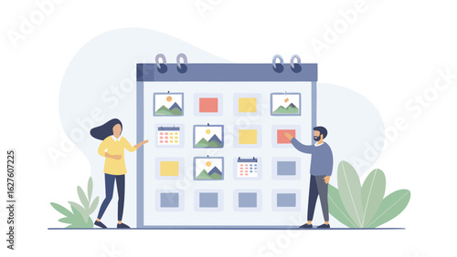 People arranging images and calendars on a large wall calendar for planning and organization task