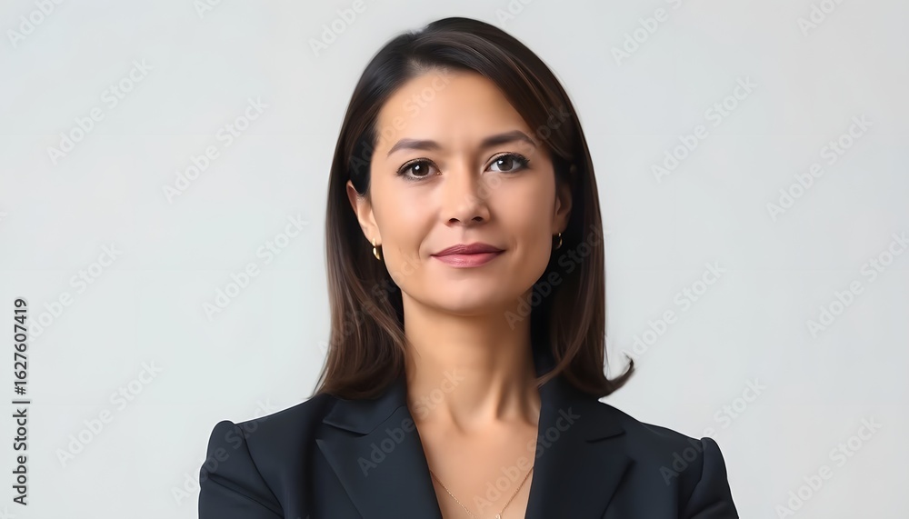 Female lawyer with calm, confident look, dark suit and plain light backdrop. Female lawyer with calm, confident look, dark suit and plain light backdrop.