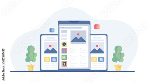 Illustration of three mobile devices displaying user interface elements and potted plants nearby
