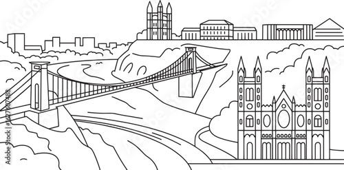 Bristol Skyline Line Art Illustration Featuring Clifton Suspension Bridge and Cityscape Landmarks