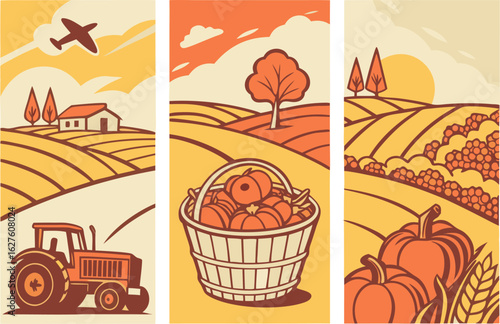 Three panels depicting rural scenes with a tractor, pumpkins in a basket, and pumpkins in a field at sunset