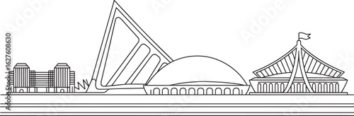 Canberra Skyline Silhouette Vector Illustration with Parliament House and War Memorial Outline