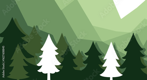 Forest of stylized fir trees against a polygonal landscape. Silhouette trees with a light cream interior, displayed on a muted green backdrop, showcasing a simple, yet impactful design.