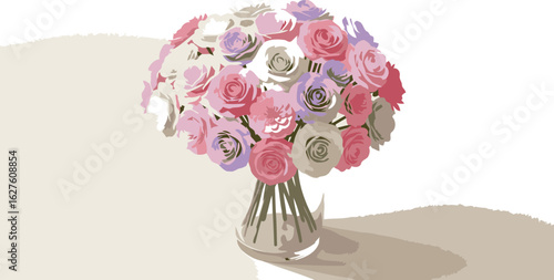Pastel colored rose bouquet in clear glass vase. Arrangement of flowers in various shades of pink, purple, and yellow in a simple clear glass vase against a neutral background.