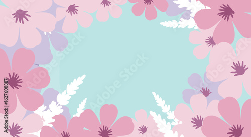 Pastel flower border design with muted pinks and lavenders. Abstract floral arrangement on a light teal background with lavender sprigs.