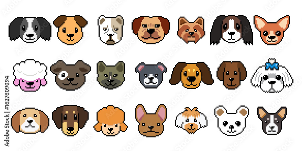 Obraz premium Pixel art different type of dog faces vector retro style