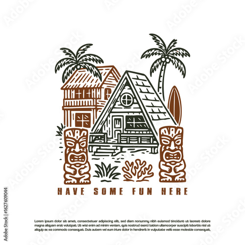 Vintage retro hand drawn Hawaii beach paradise resort vector, Hawaii vacation vibes 