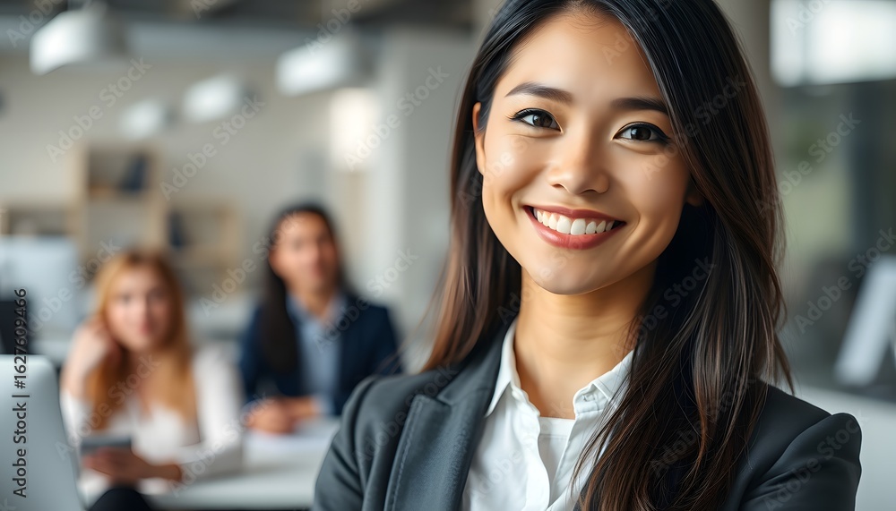Obraz premium Close-up portrait of a smiling young businesswoman in a modern office environment, natural lighting highlighting her confident expression, with blurred coworkers in the background.