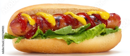 The delicious hotdog with classic condiments and fresh lettuce in a bun.