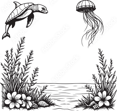 Ocean life: turtle swims near jellyfish over seafloor