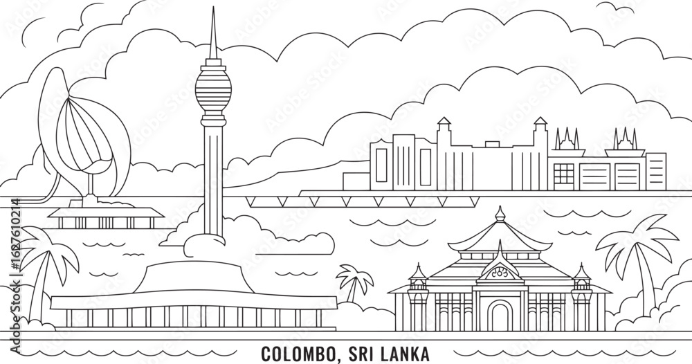 Fototapeta premium Colombo, Sri Lanka Skyline Linear Style with Lotus Tower, Gangaramaya Temple and City Buildings