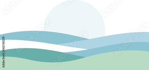 Abstract landscape of rolling hills with a pale sun, featuring muted pastel colors. Simple, serene scene with a peaceful atmosphere.