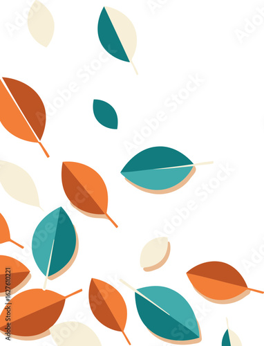 Abstract fall leaves in various colors scattered on a neutral background. Autumnal graphic design elements.